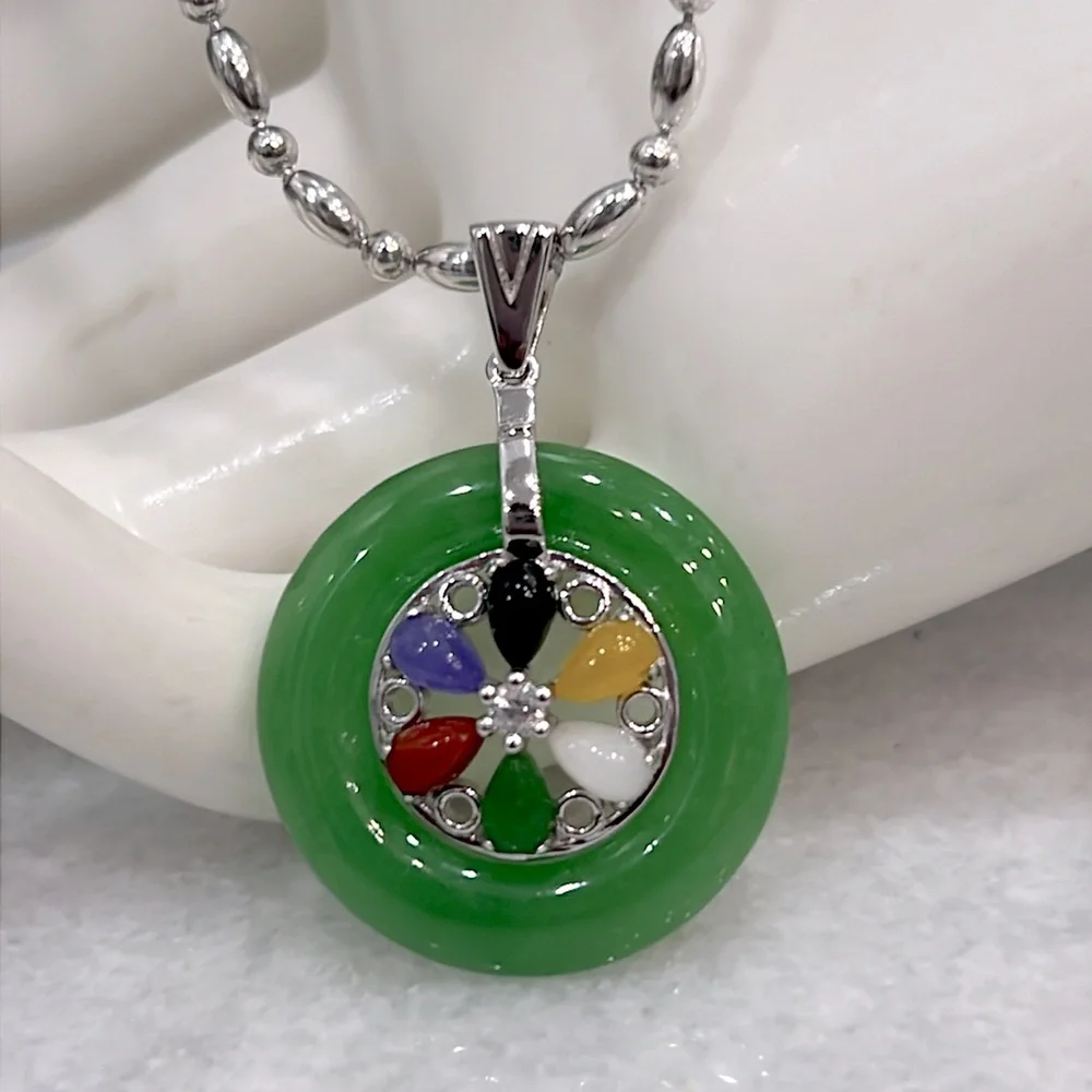 Burmese Multi Jade Zircon Sterling Silver Wheel Pendant  Necklace